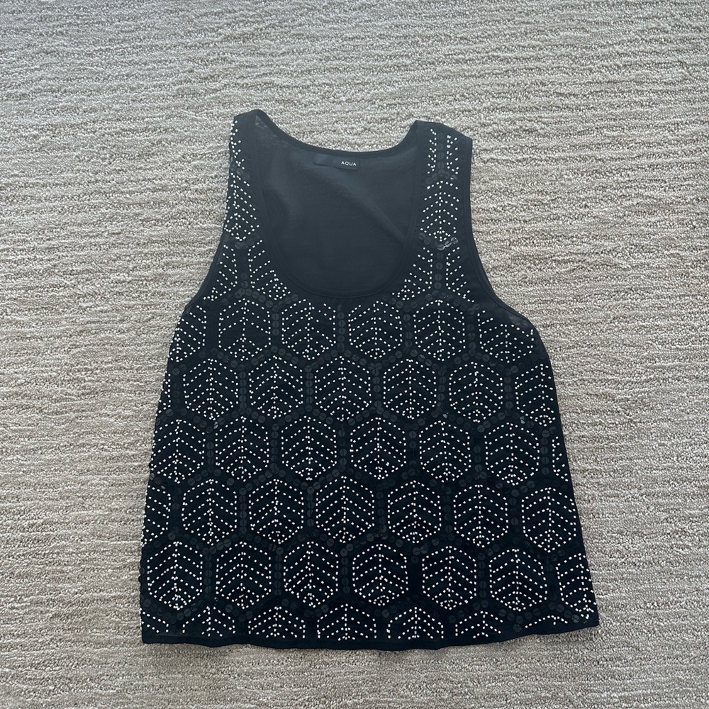 Aqua beaded sequin sheer back black top